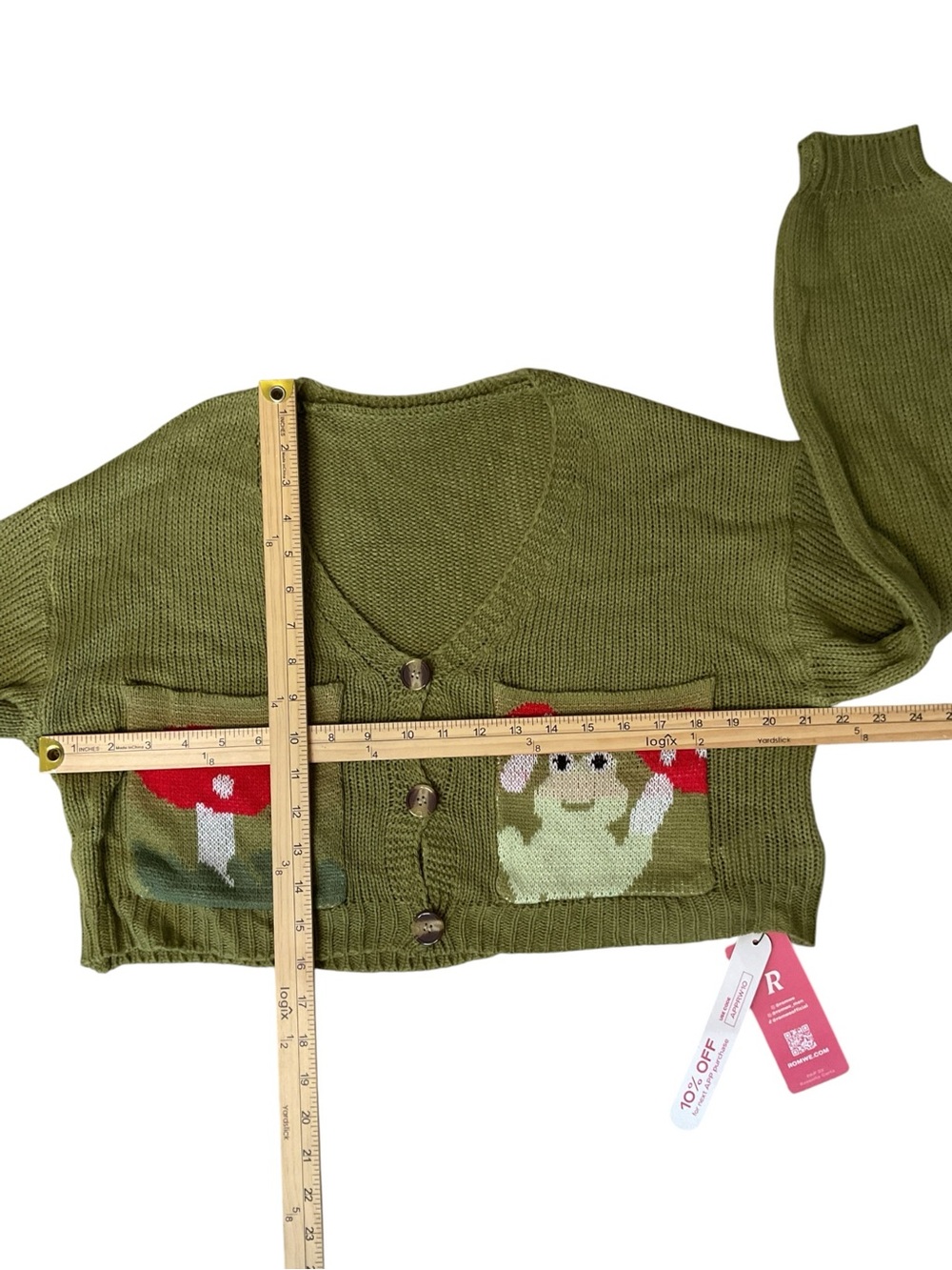 Romwe Mushroom Frog Cardigan Cropped Green Cottagecore Knit M - Picture 5 of 7